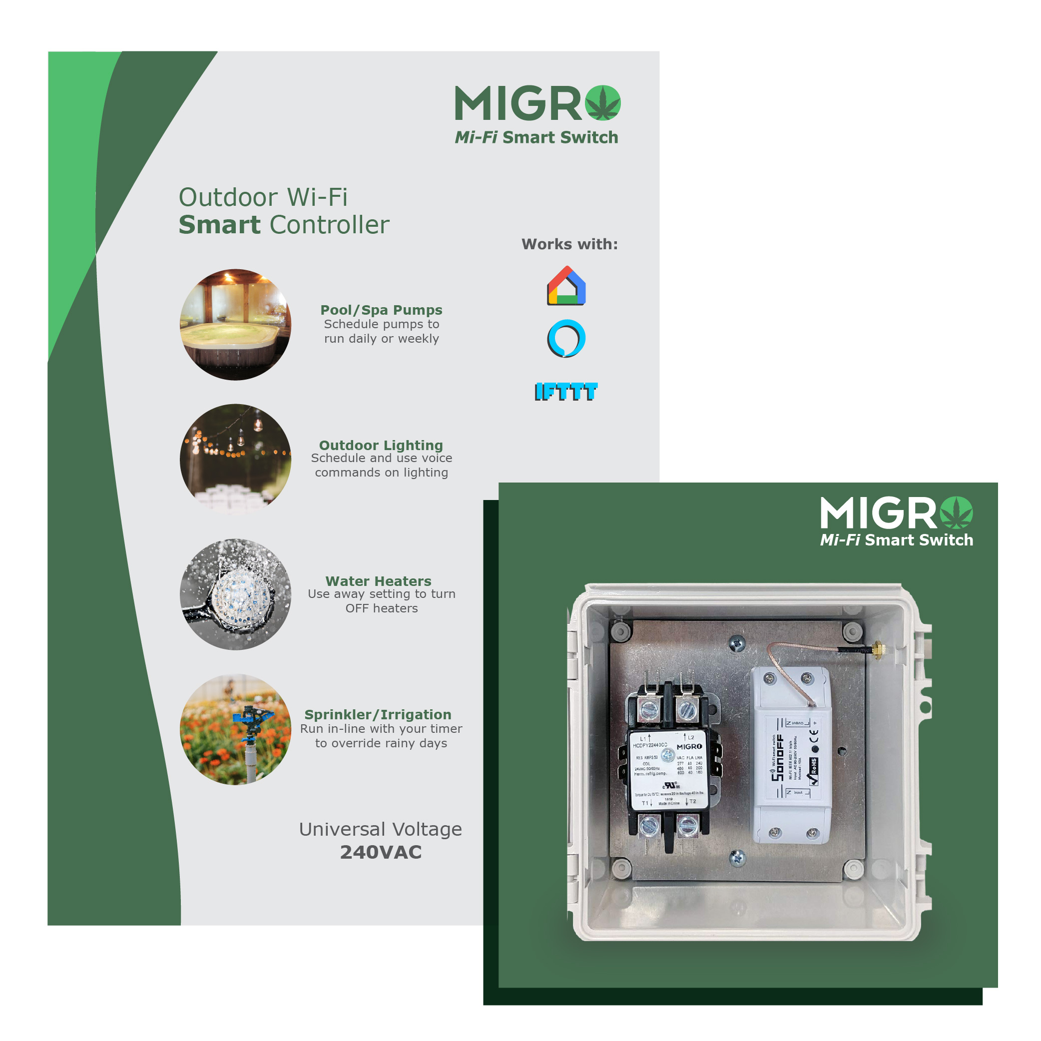 Migro Outdoor Smart Wi-Fi Outlet Box, Heavy Duty 50A Resistive 120VAC 40A  5HP Wireless Pump Control Timer Switch, Compatible with Smart Phone, Alexa
